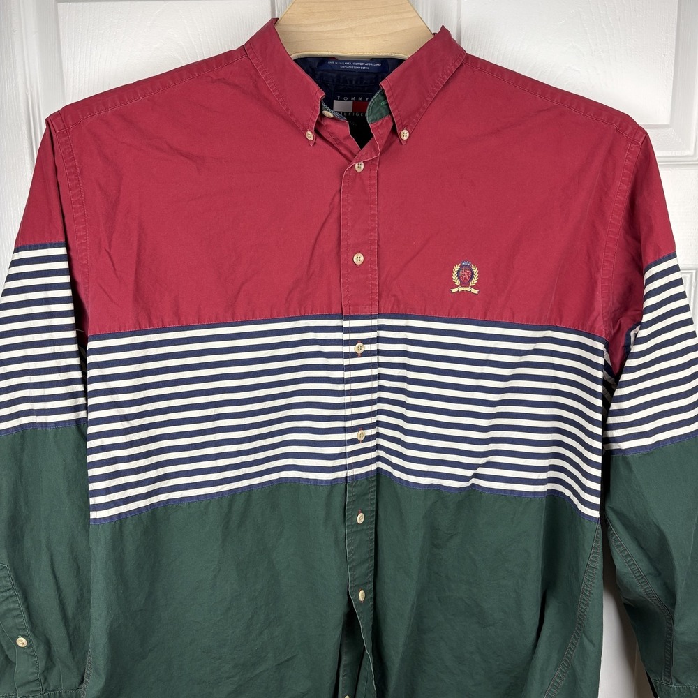 Tommy Hilfiger Shirt Mens XL Multicolor Stripe Button Down Long Sleeve Vintage